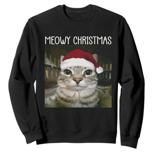 Meowy Christmas Sweatshirt Xmas Silly Staring Cat Meme Santa Hat TS10 Black Print Your Wear