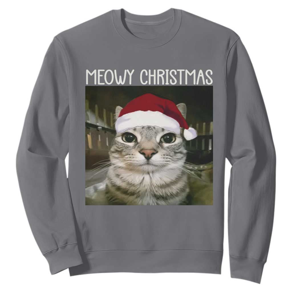 Meowy Christmas Sweatshirt Xmas Silly Staring Cat Meme Santa Hat TS10 Charcoal Print Your Wear