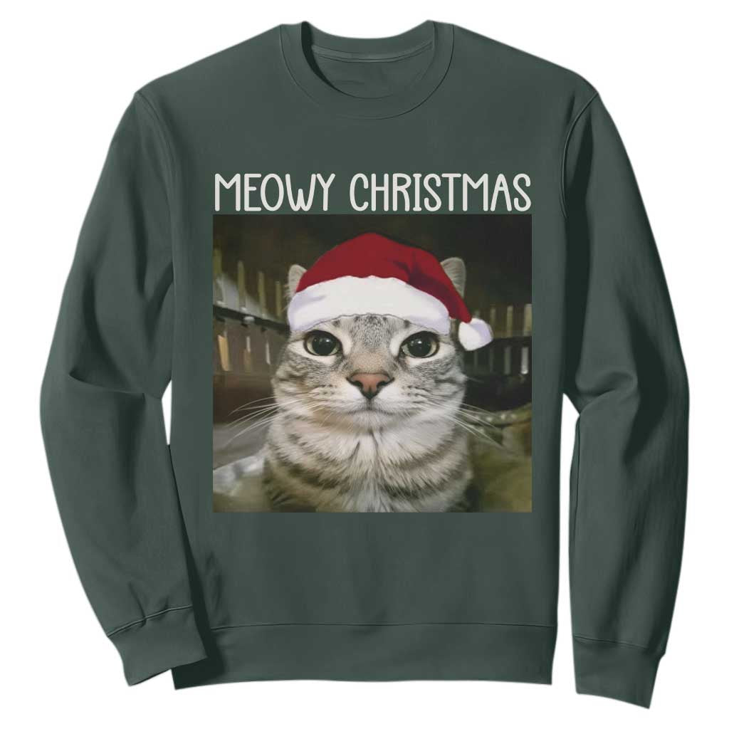 Meowy Christmas Sweatshirt Xmas Silly Staring Cat Meme Santa Hat TS10 Dark Forest Green Print Your Wear