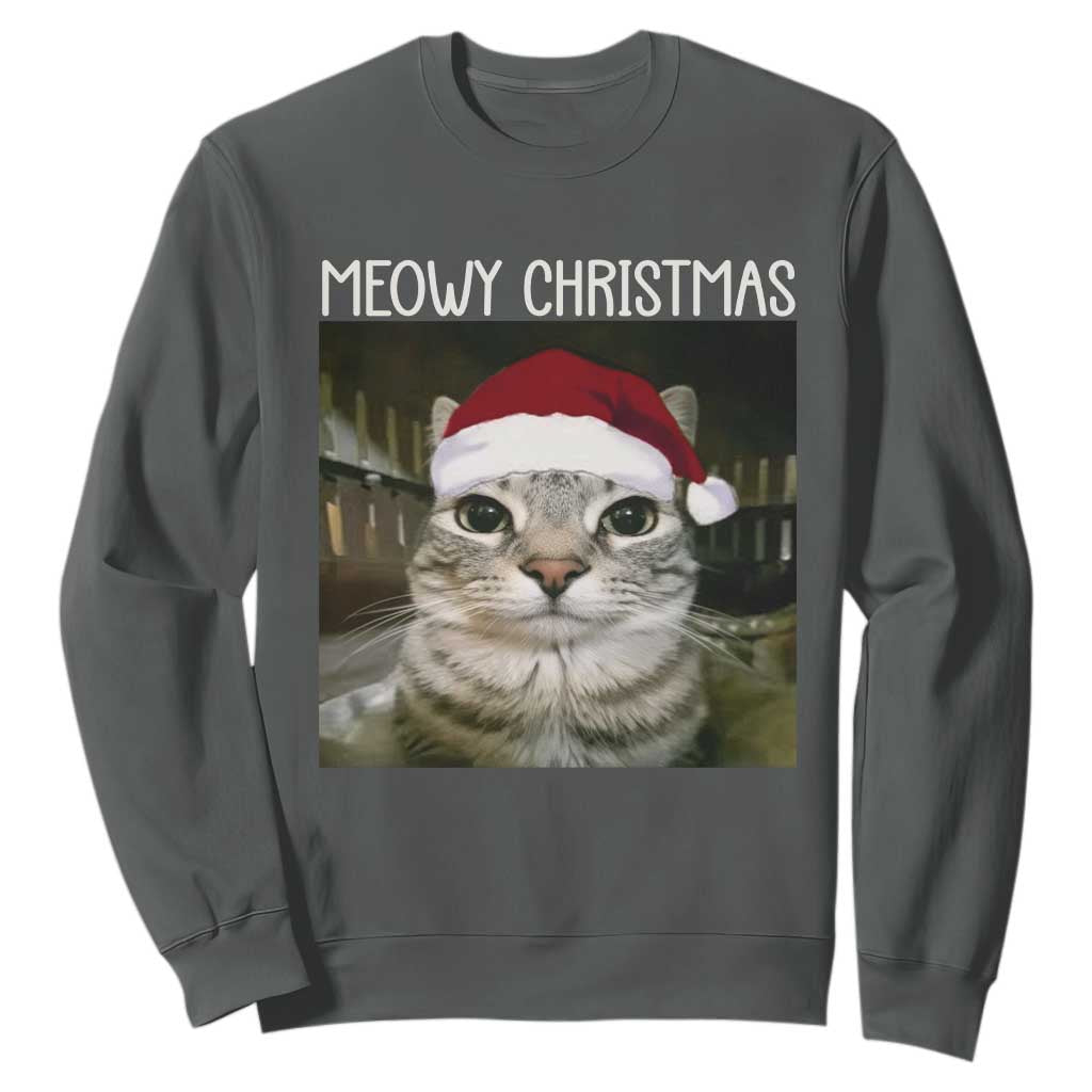 Meowy Christmas Sweatshirt Xmas Silly Staring Cat Meme Santa Hat TS10 Dark Heather Print Your Wear