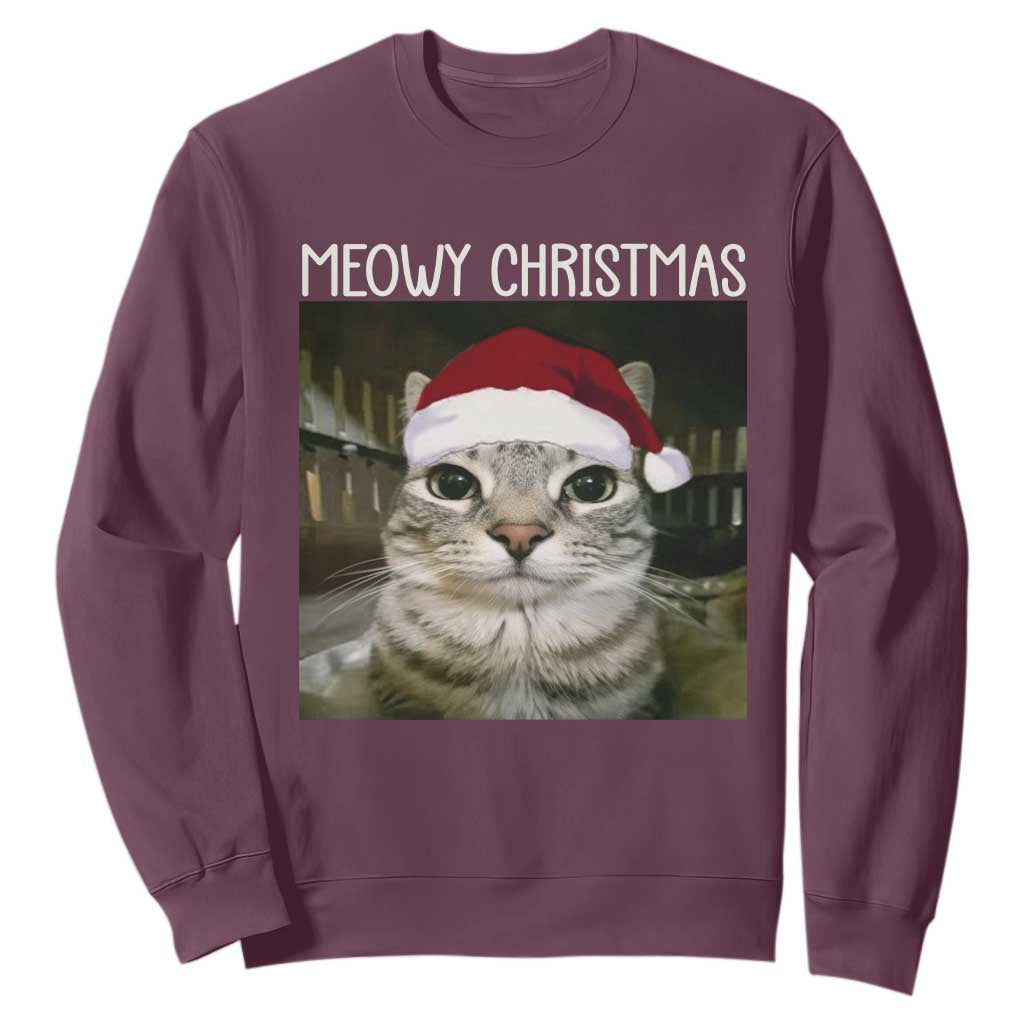 Meowy Christmas Sweatshirt Xmas Silly Staring Cat Meme Santa Hat TS10 Maroon Print Your Wear