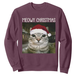 Meowy Christmas Sweatshirt Xmas Silly Staring Cat Meme Santa Hat TS10 Maroon Print Your Wear