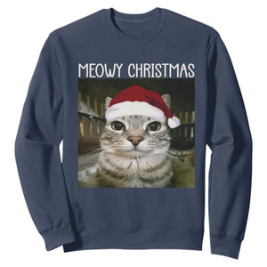 Meowy Christmas Sweatshirt Xmas Silly Staring Cat Meme Santa Hat TS10 Navy Print Your Wear