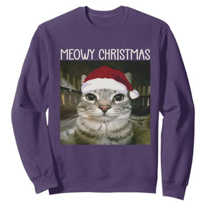 Meowy Christmas Sweatshirt Xmas Silly Staring Cat Meme Santa Hat TS10 Purple Print Your Wear