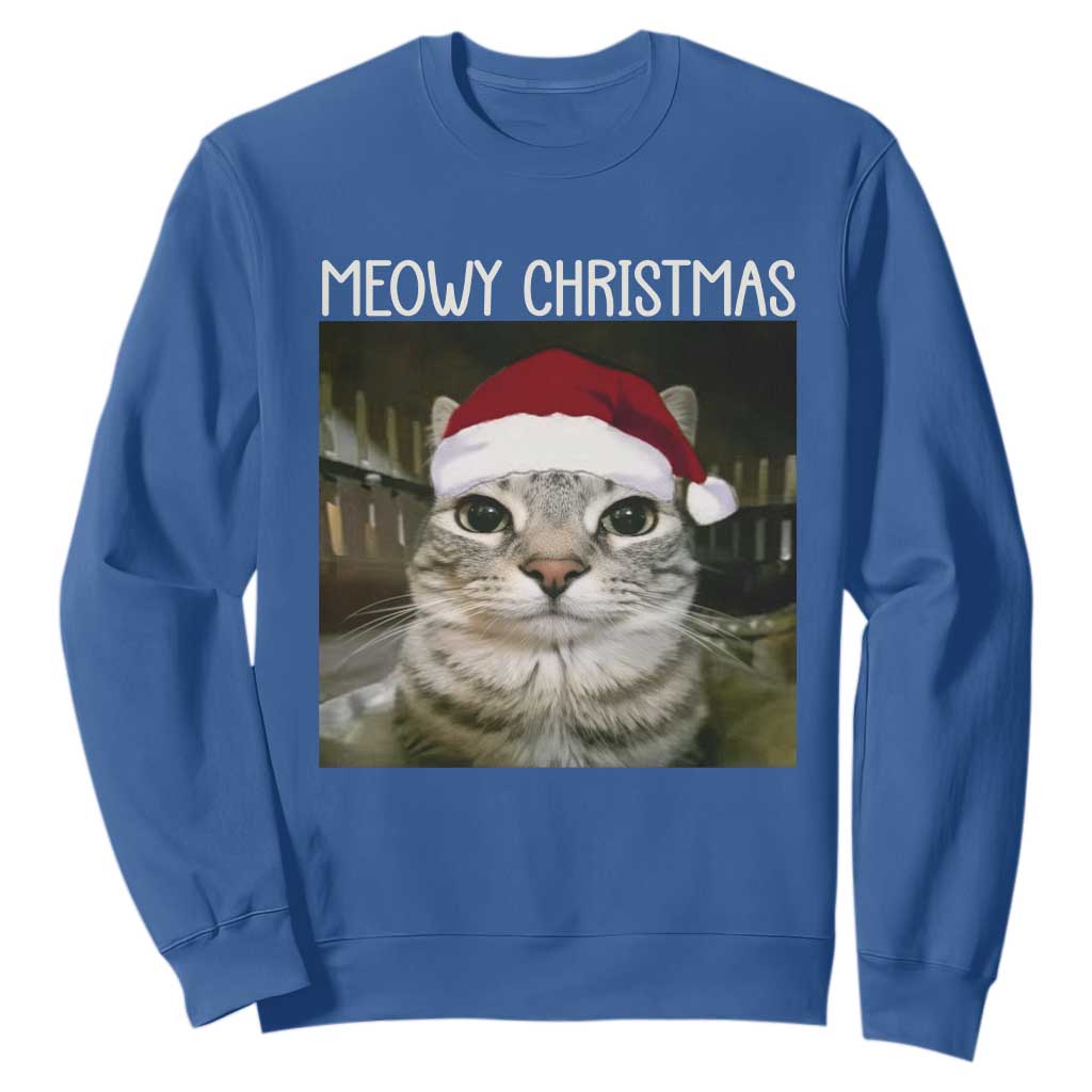 Meowy Christmas Sweatshirt Xmas Silly Staring Cat Meme Santa Hat TS10 Royal Blue Print Your Wear
