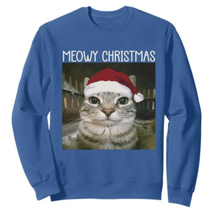 Meowy Christmas Sweatshirt Xmas Silly Staring Cat Meme Santa Hat TS10 Royal Blue Print Your Wear