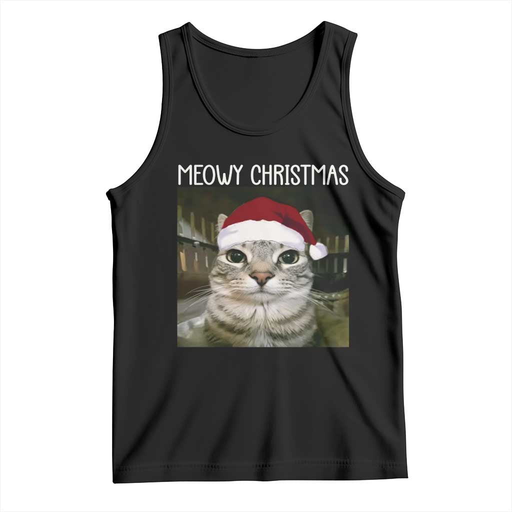 Meowy Christmas Tank Top Xmas Silly Staring Cat Meme Santa Hat TS10 Black Print Your Wear