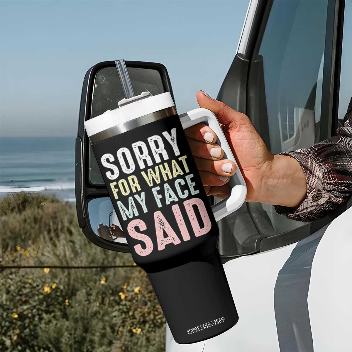 Sorry for What My Face Said Tumbler With Handle Retro Funny Mood Sarcastic Resting Face TS10 Print Your Wear