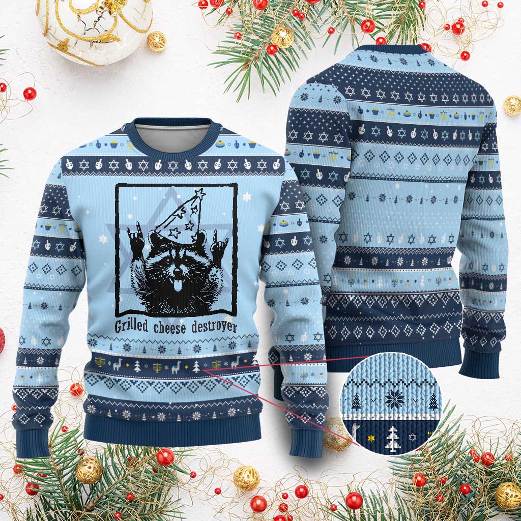 Vintage Raccoon Hanukkah Ugly Sweater Retro Silly Trash Panda Meme TS10 Light Blue Navy Print Your Wear