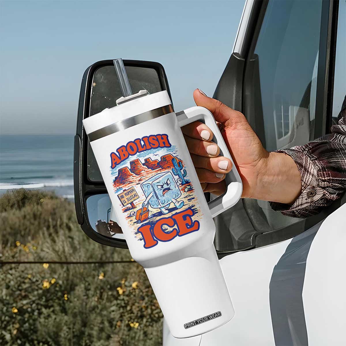 Abolish Ice Protest Tumbler With Handle Retro Protest No Human Is Illegal TS10 Print Your Wear