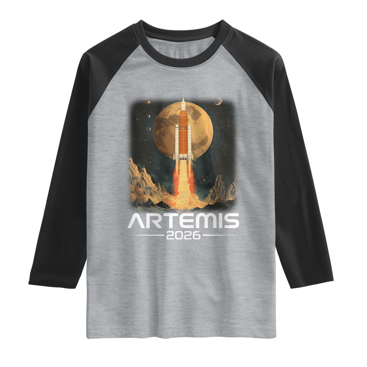Launch To The Moon Mission Raglan Shirt TS10 Heather Gray Black Print Your Wear