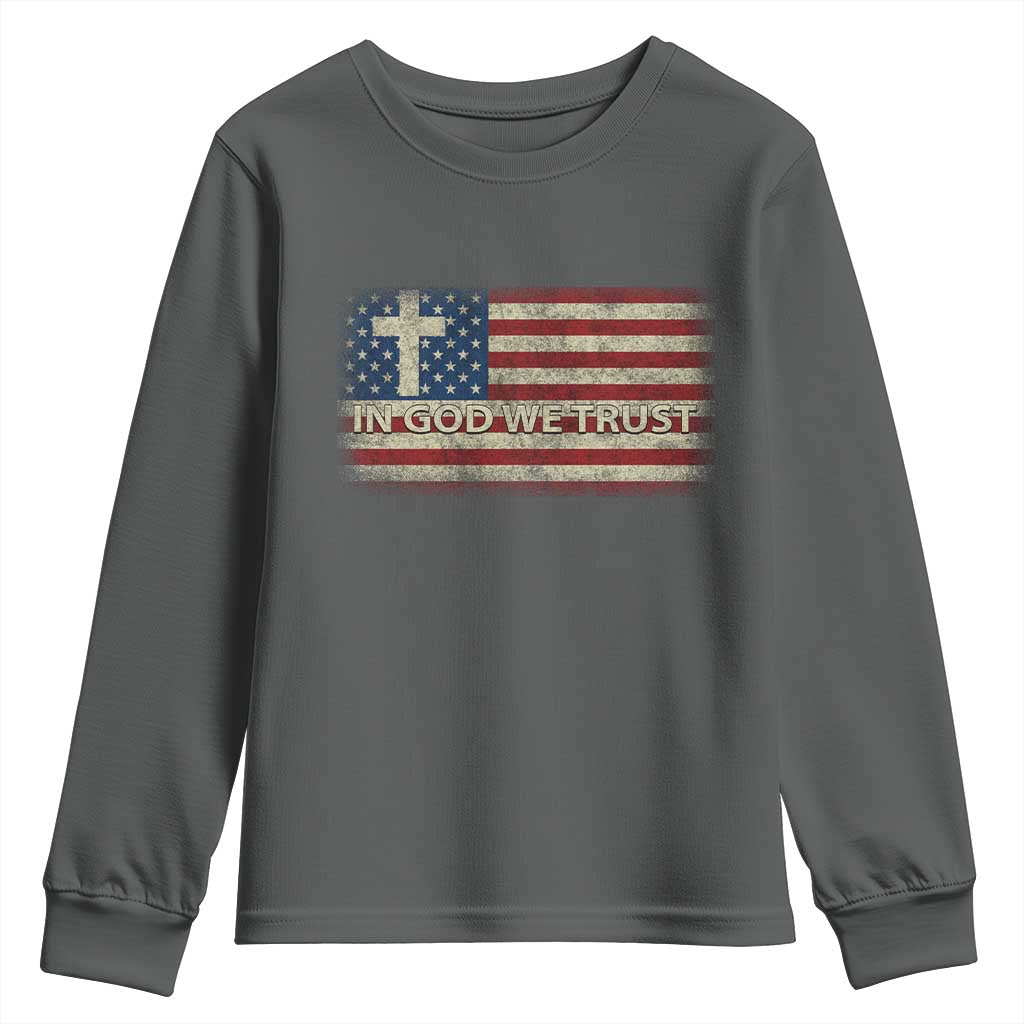 In God We Trust Christian US Flag Youth Sweatshirt TS10 Dark Heather Print Your Wear