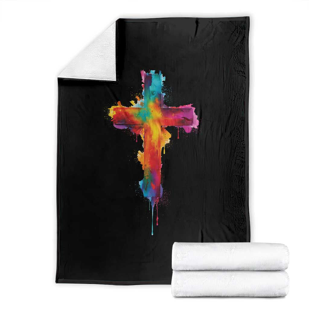 Faith Cross Throw Blanket Christian Believe Blessed By God Colorful Watercolor Graphic TS10 Black Print Your Wear