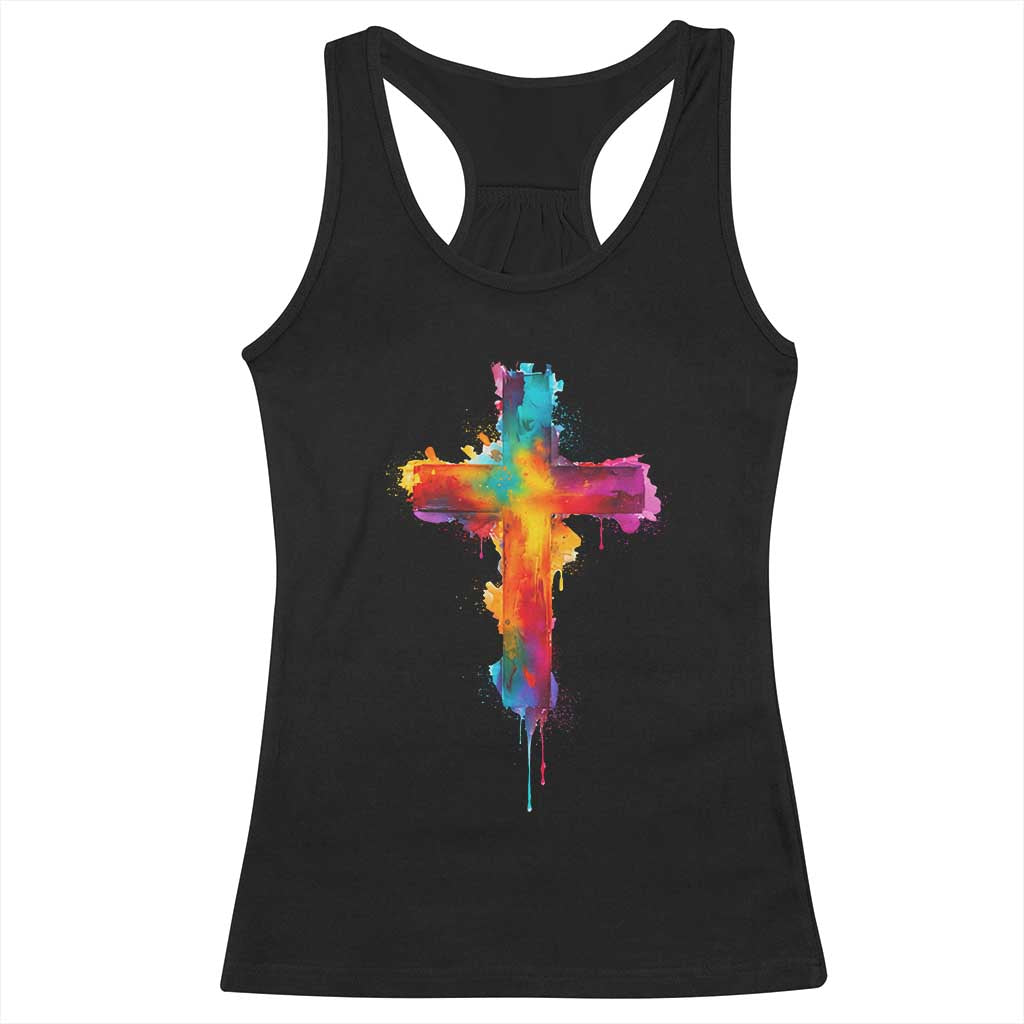 Faith Cross Racerback Tank Top Christian Believe Blessed By God Colorful Watercolor Graphic TS10 Black Print Your Wear
