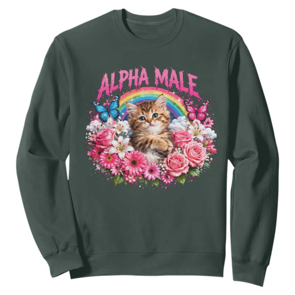 Alpha Male Sweatshirt Funny Cat Kitten Meme Rainbow Floral TS10 Dark Forest Green Print Your Wear