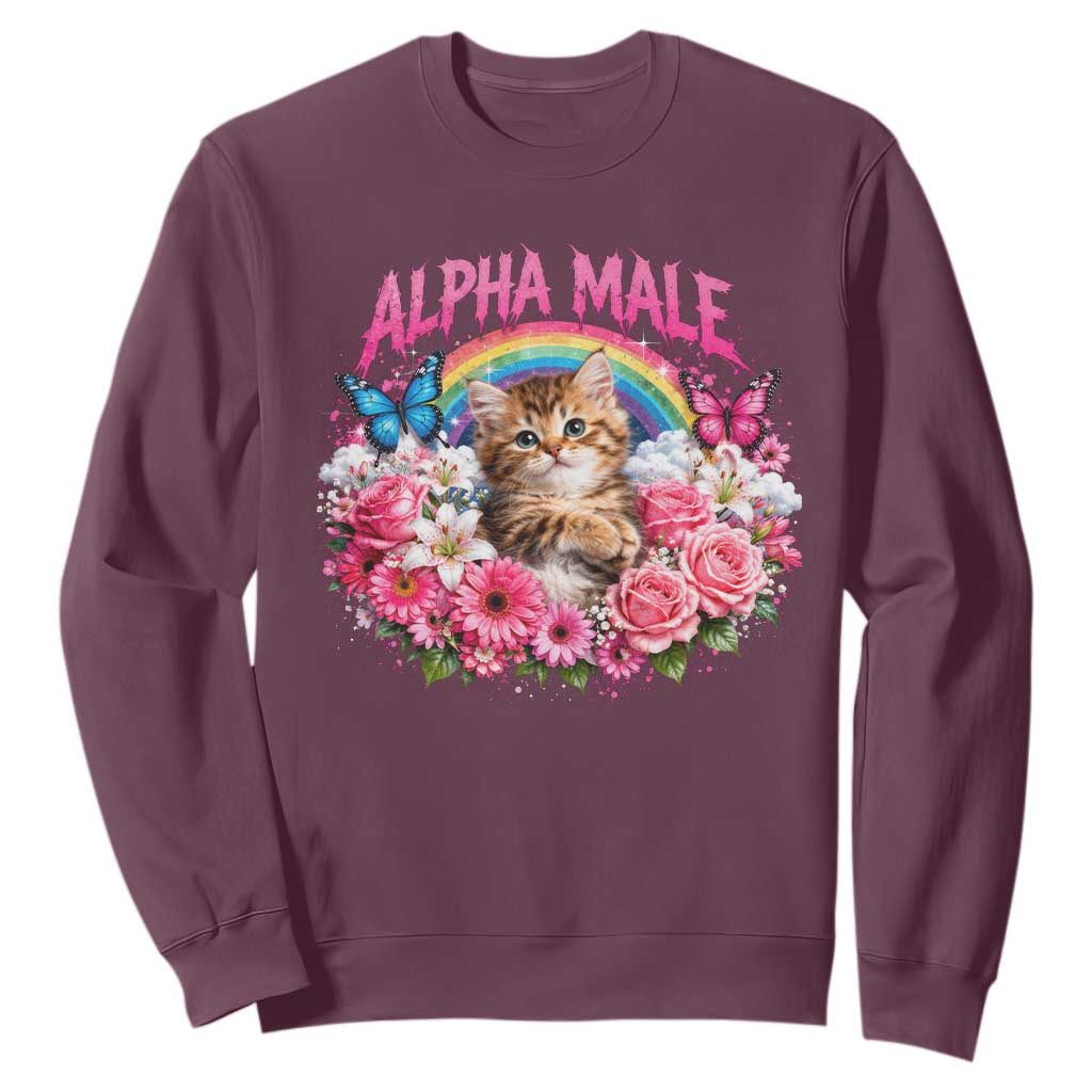 Alpha Male Sweatshirt Funny Cat Kitten Meme Rainbow Floral TS10 Maroon Print Your Wear