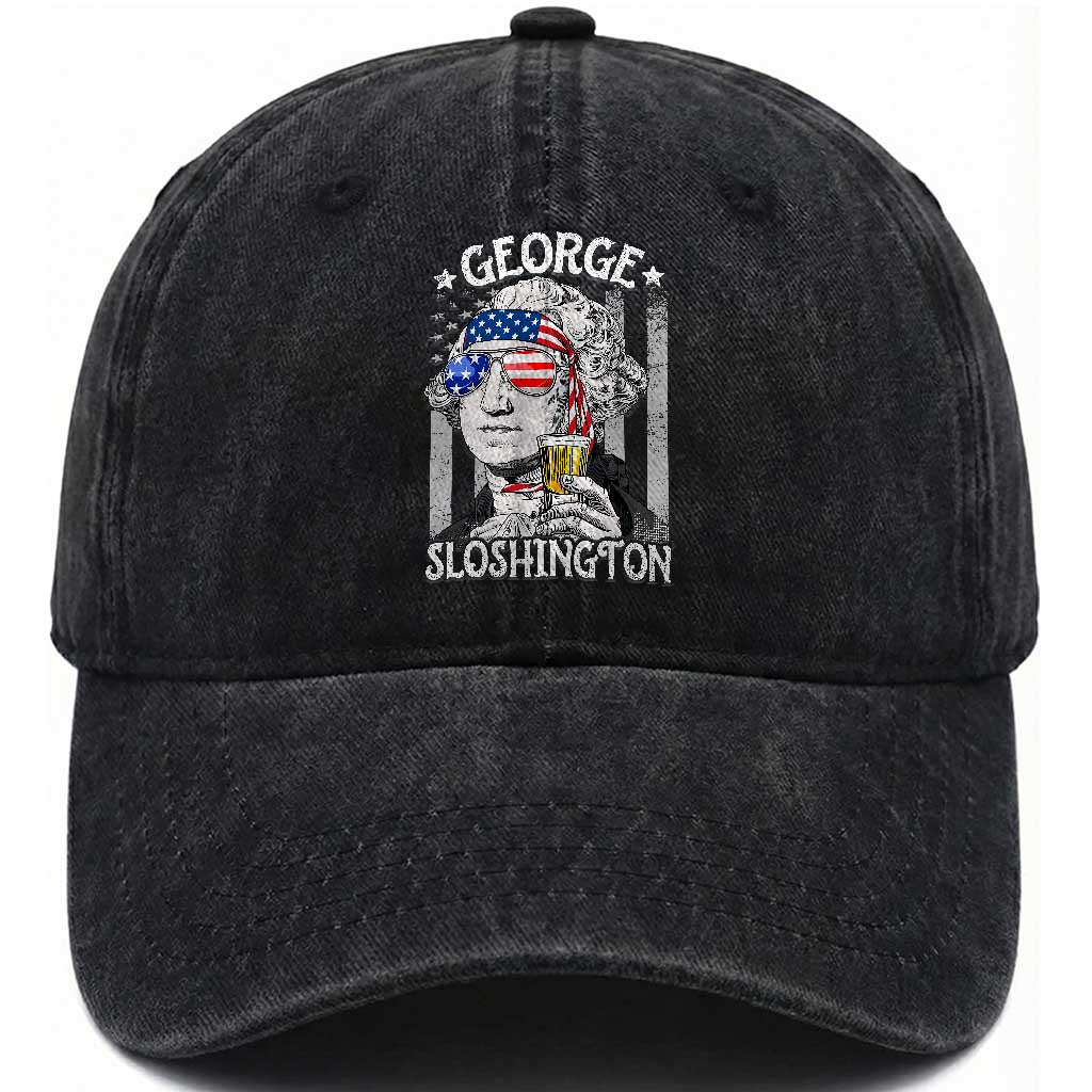 Funny 4th of July George Sloshington Washington Washed Cotton Baseball Cap Retro America Flag TS10 Washed Cap Universal Fit Black Print Your Wear