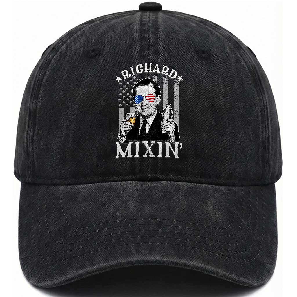 Funny 4th of July Washed Cotton Baseball Cap Richard Mixin Patriotic Nixon Bartender American Flag TS10 Washed Cap Universal Fit Black Print Your Wear
