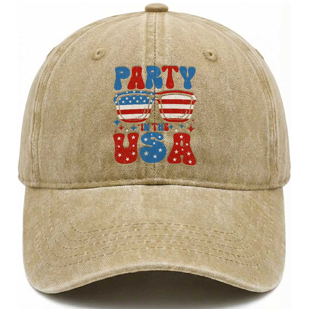 Party in The USA Washed Cotton Baseball Cap 4th of July Independence Day TS10 Washed Cap Universal Fit Khaki Print Your Wear