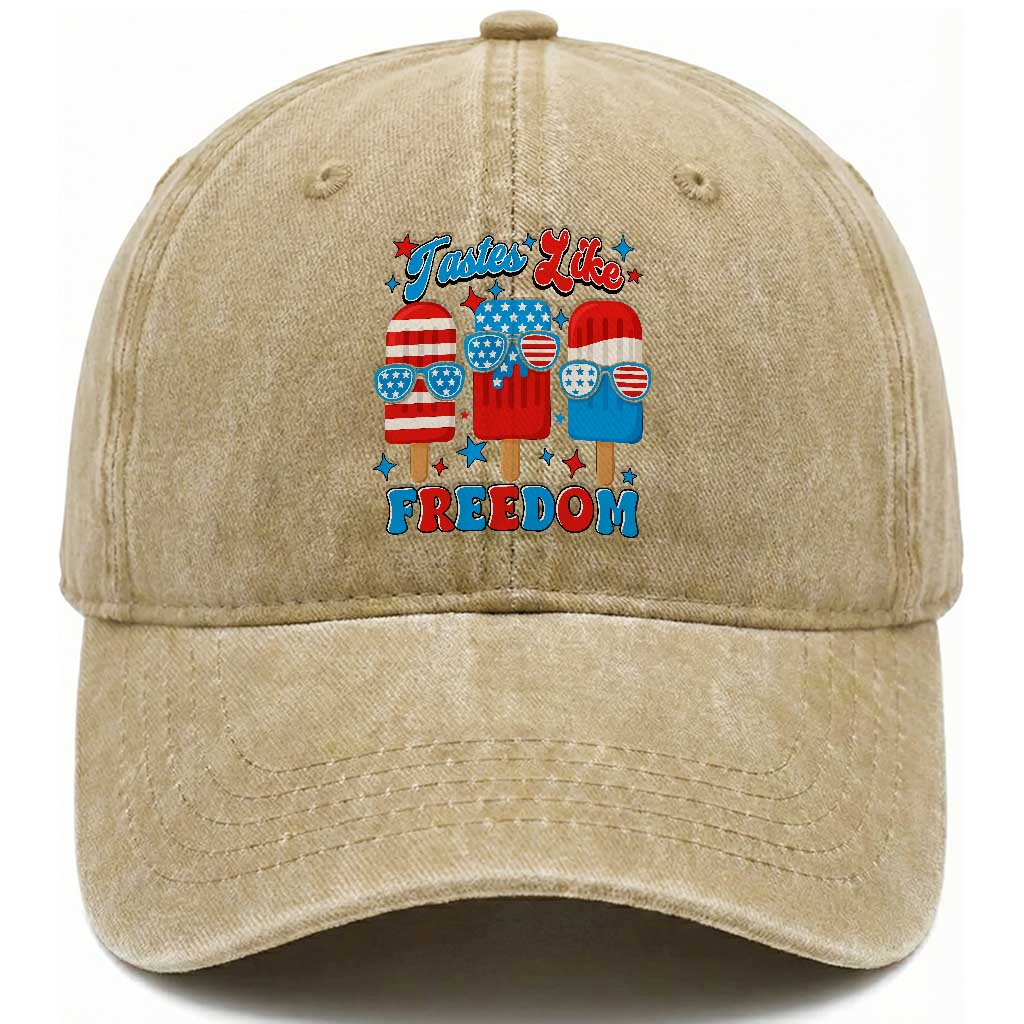 4th of July American Flag Popsicle Washed Cotton Baseball Cap Tastes Like Freedom Patriotic Funny TS10 Washed Cap Universal Fit Khaki Print Your Wear