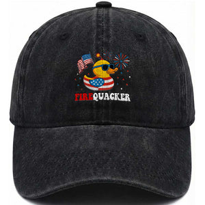 Funny July 4th Washed Cotton Baseball Cap Patriotic Duck Firequacker American Flag TS10 Washed Cap Universal Fit Black Print Your Wear