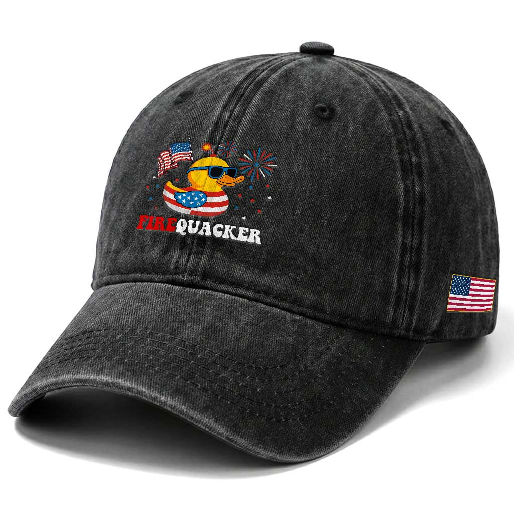 Funny July 4th Washed Cotton Baseball Cap Patriotic Duck Firequacker American Flag TS10 Print Your Wear
