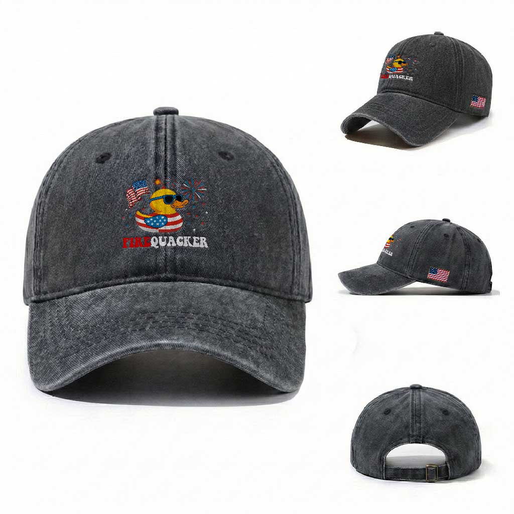 Funny July 4th Washed Cotton Baseball Cap Patriotic Duck Firequacker American Flag TS10 Washed Cap Universal Fit Dark Gray Print Your Wear