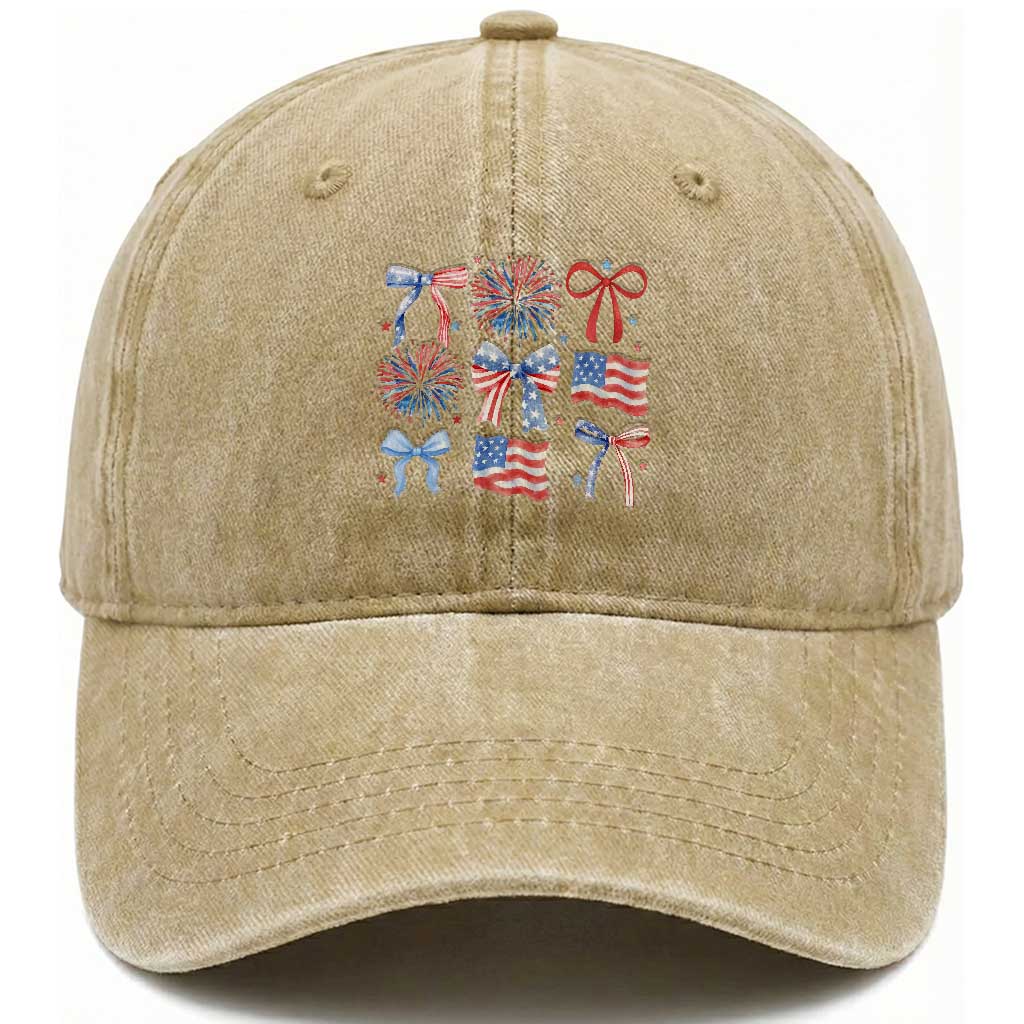 Coquette 4th Of July Washed Cotton Baseball Cap Patriotic Bow American Flag TS10 Washed Cap Universal Fit Khaki Print Your Wear