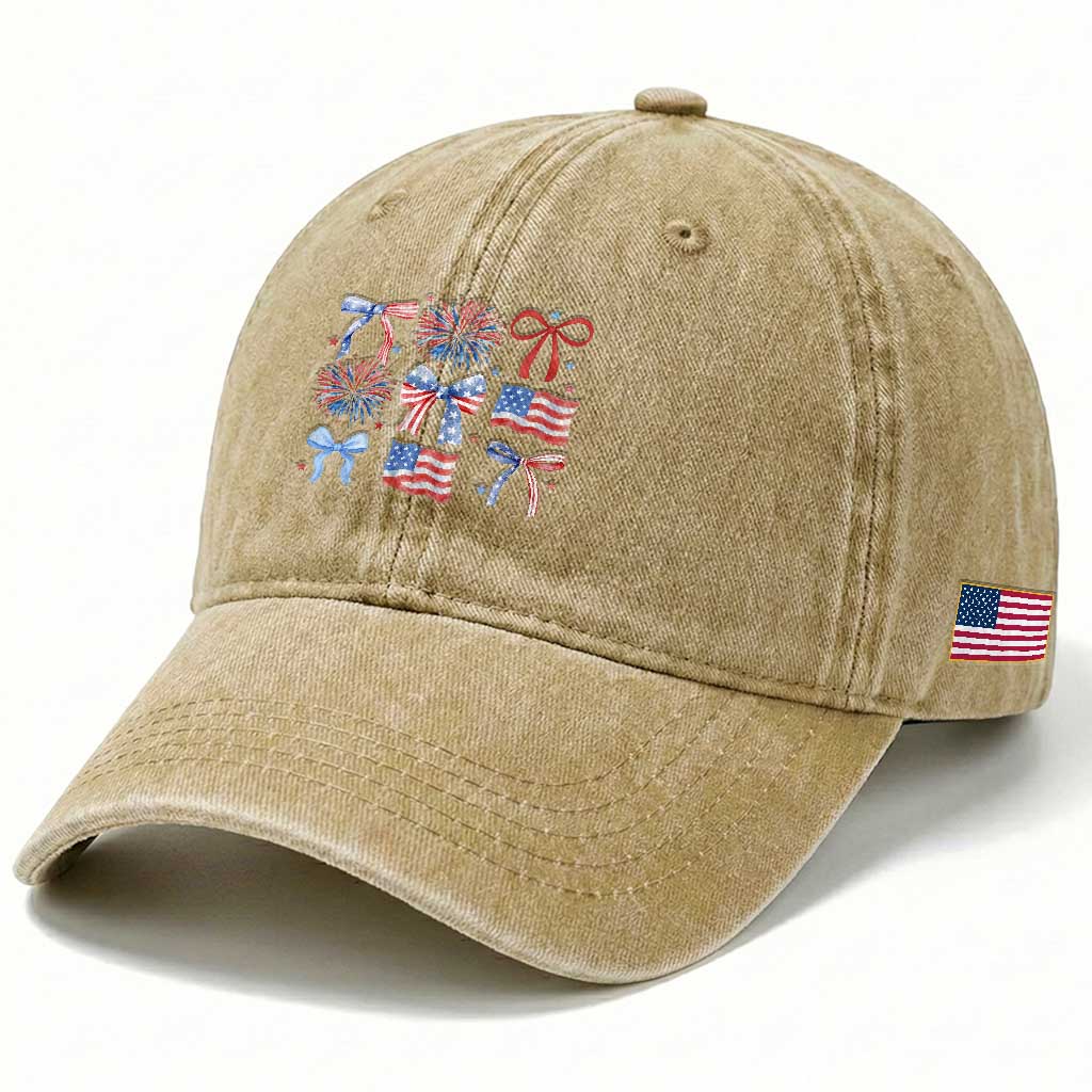Coquette 4th Of July Washed Cotton Baseball Cap Patriotic Bow American Flag TS10 Print Your Wear