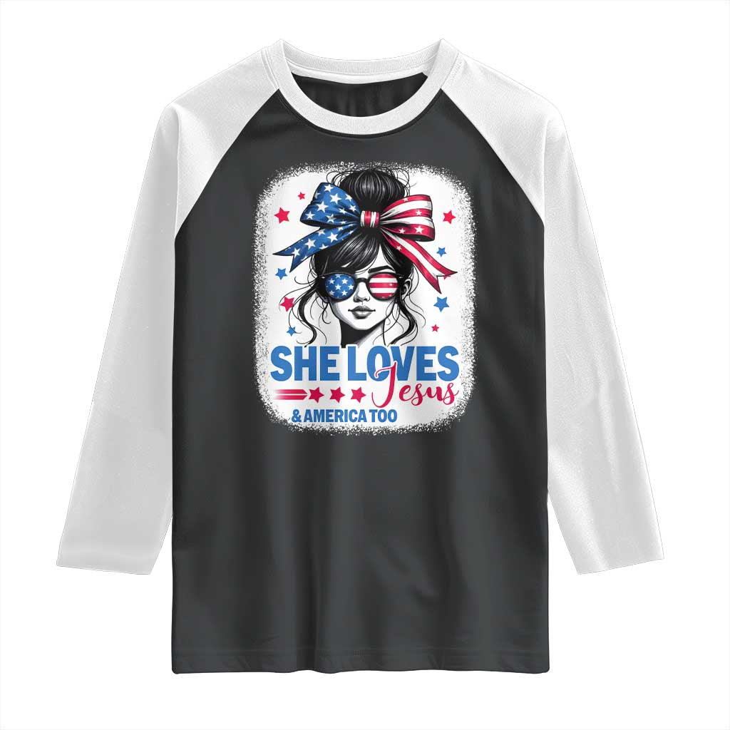 She Loves Jesus And America Too Raglan Shirt Christian 4th of July Messy Bun Flag TS10 Black White Print Your Wear