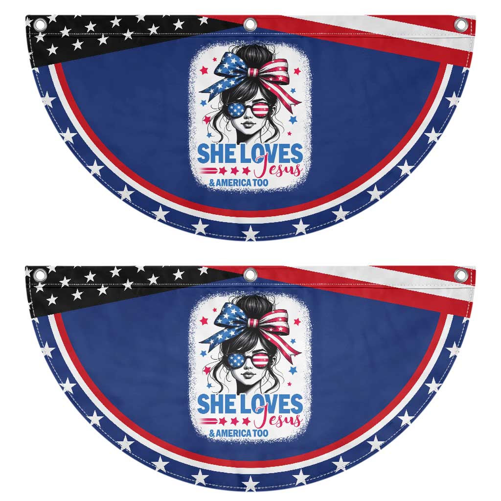 She Loves Jesus And America Too Patriotic Fan Flag Christian 4th of July Messy Bun Flag TS10 2pcs pack Classic Navy Print Your Wear