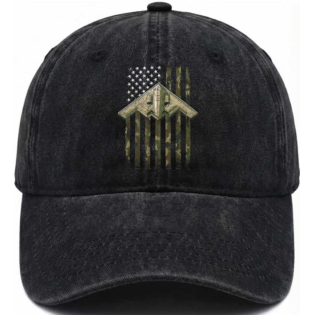 Retro Camo B2 Spirit Washed Cotton Baseball Cap B-2 Bomber Stealth Aircraft Camouflage US Flag Patriotic TS10 Washed Cap Universal Fit Black Print Your Wear