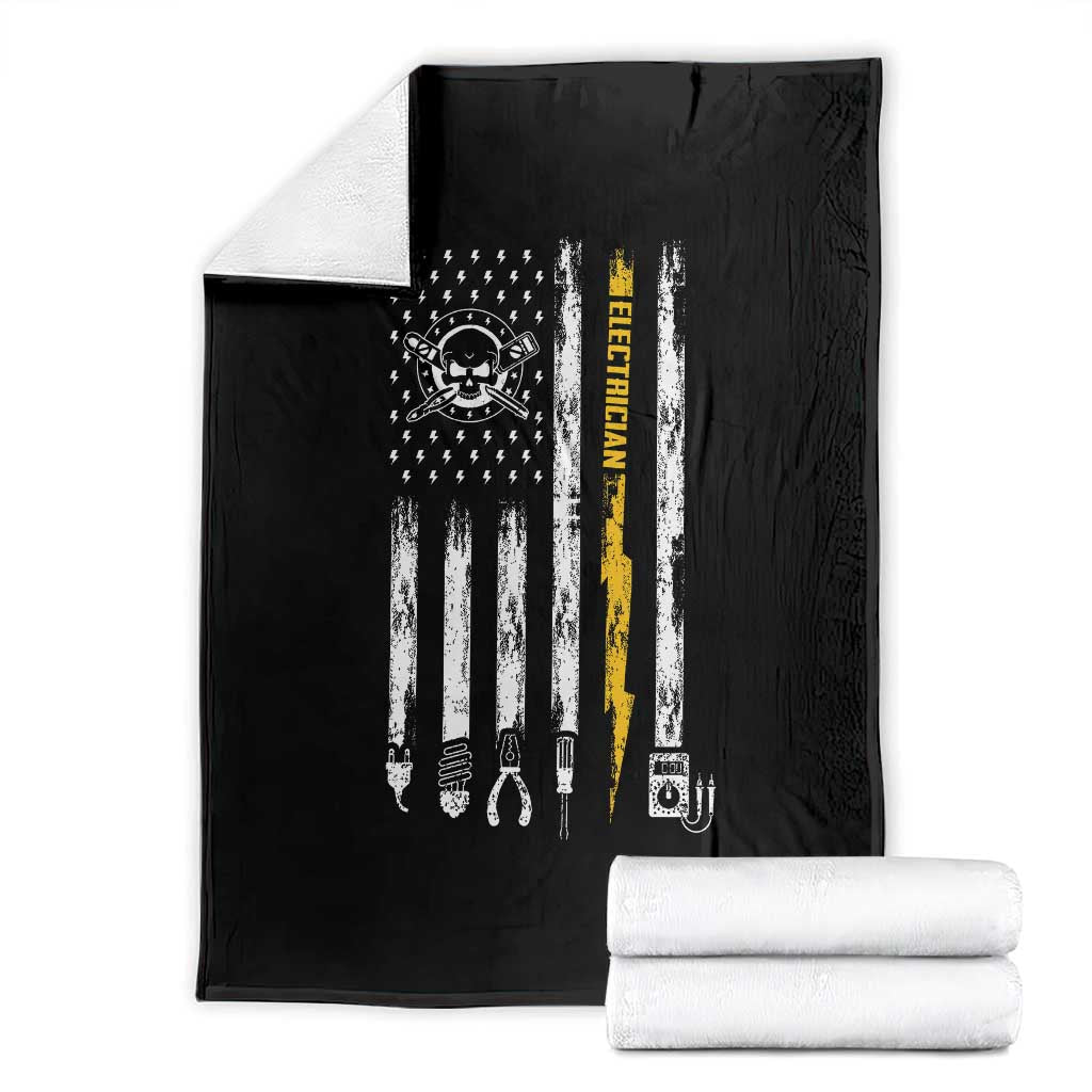 Electrician US Flag Throw Blanket Tools for Electricians Skull Lightning Graphic TS10 Black Print Your Wear