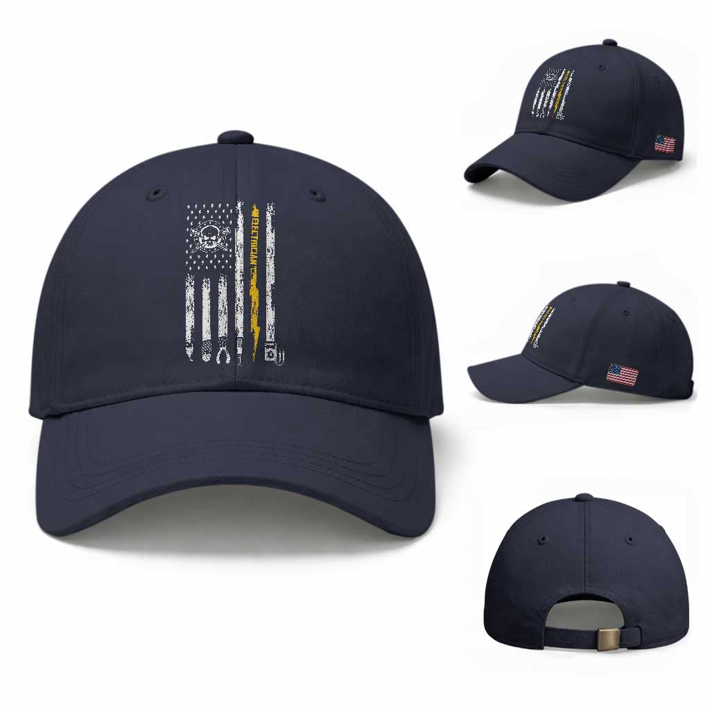 Electrician US Flag Baseball Cap Tools for Electricians Skull Lightning Graphic TS10 Baseball Cap Universal Fit Navy Print Your Wear