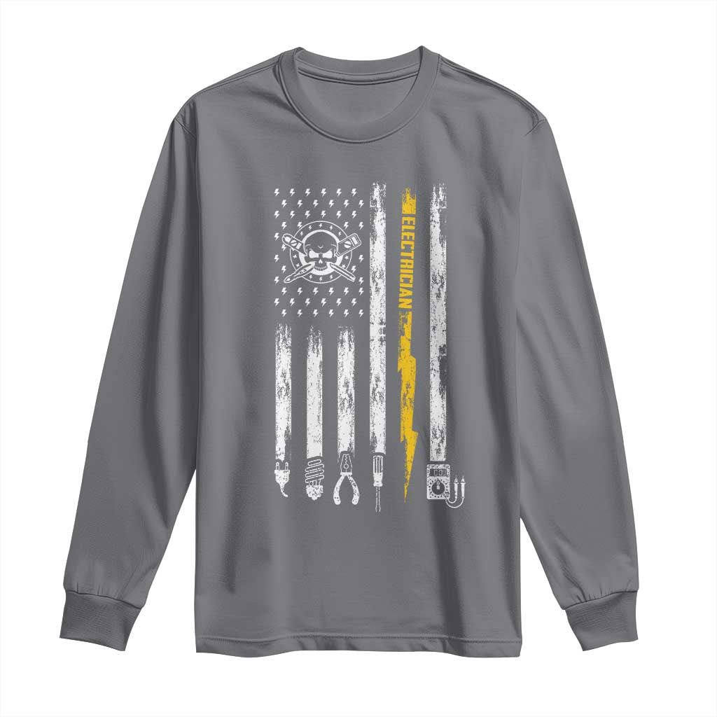 Electrician US Flag Long Sleeve Shirt Tools for Electricians Skull Lightning Graphic TS10 Charcoal Print Your Wear