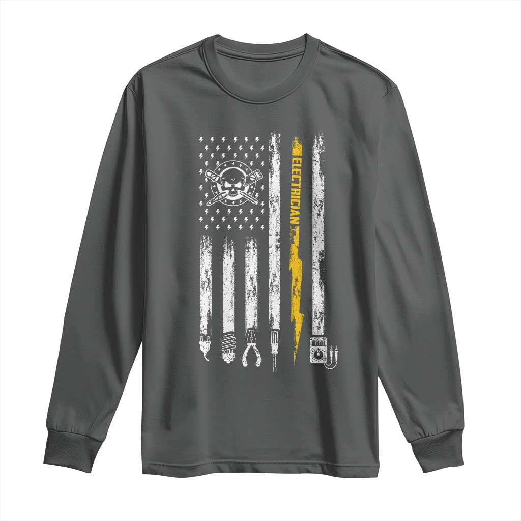 Electrician US Flag Long Sleeve Shirt Tools for Electricians Skull Lightning Graphic TS10 Dark Heather Print Your Wear