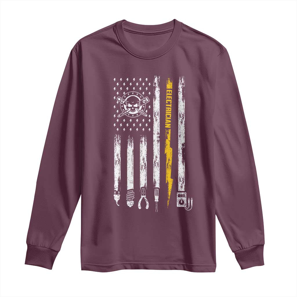 Electrician US Flag Long Sleeve Shirt Tools for Electricians Skull Lightning Graphic TS10 Maroon Print Your Wear