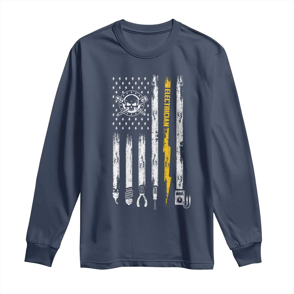 Electrician US Flag Long Sleeve Shirt Tools for Electricians Skull Lightning Graphic TS10 Navy Print Your Wear
