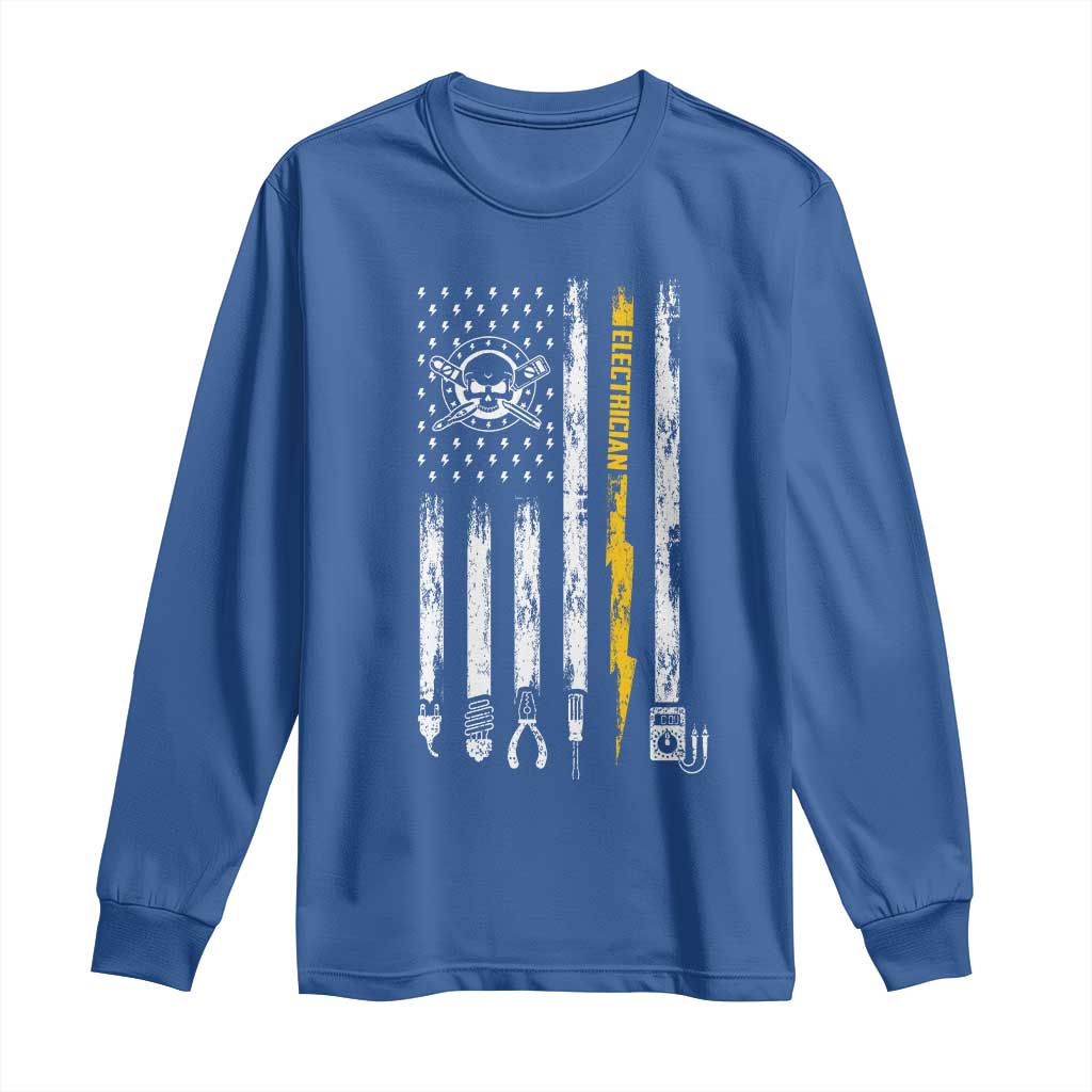 Electrician US Flag Long Sleeve Shirt Tools for Electricians Skull Lightning Graphic TS10 Royal Blue Print Your Wear