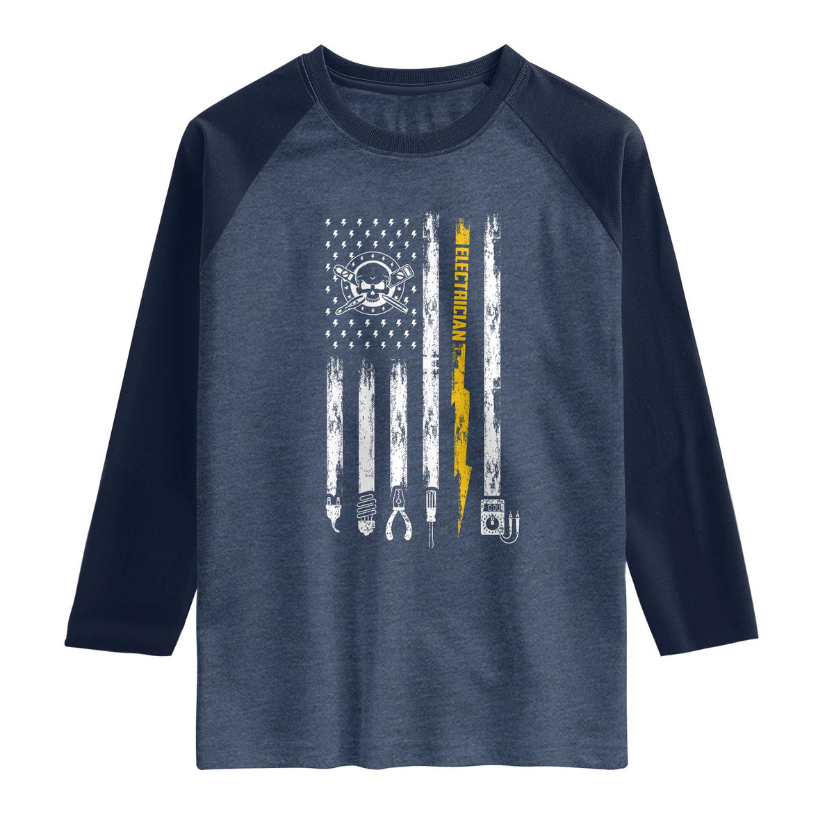 Electrician US Flag Raglan Shirt Tools for Electricians Skull Lightning Graphic TS10 Heather Denim Navy Print Your Wear