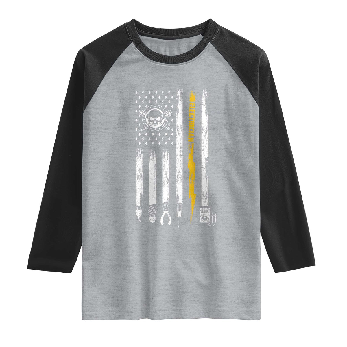 Electrician US Flag Raglan Shirt Tools for Electricians Skull Lightning Graphic TS10 Heather Gray Black Print Your Wear