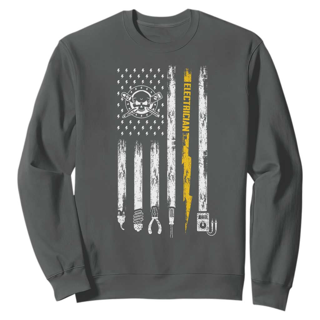 Electrician US Flag Sweatshirt Tools for Electricians Skull Lightning Graphic TS10 Dark Heather Print Your Wear