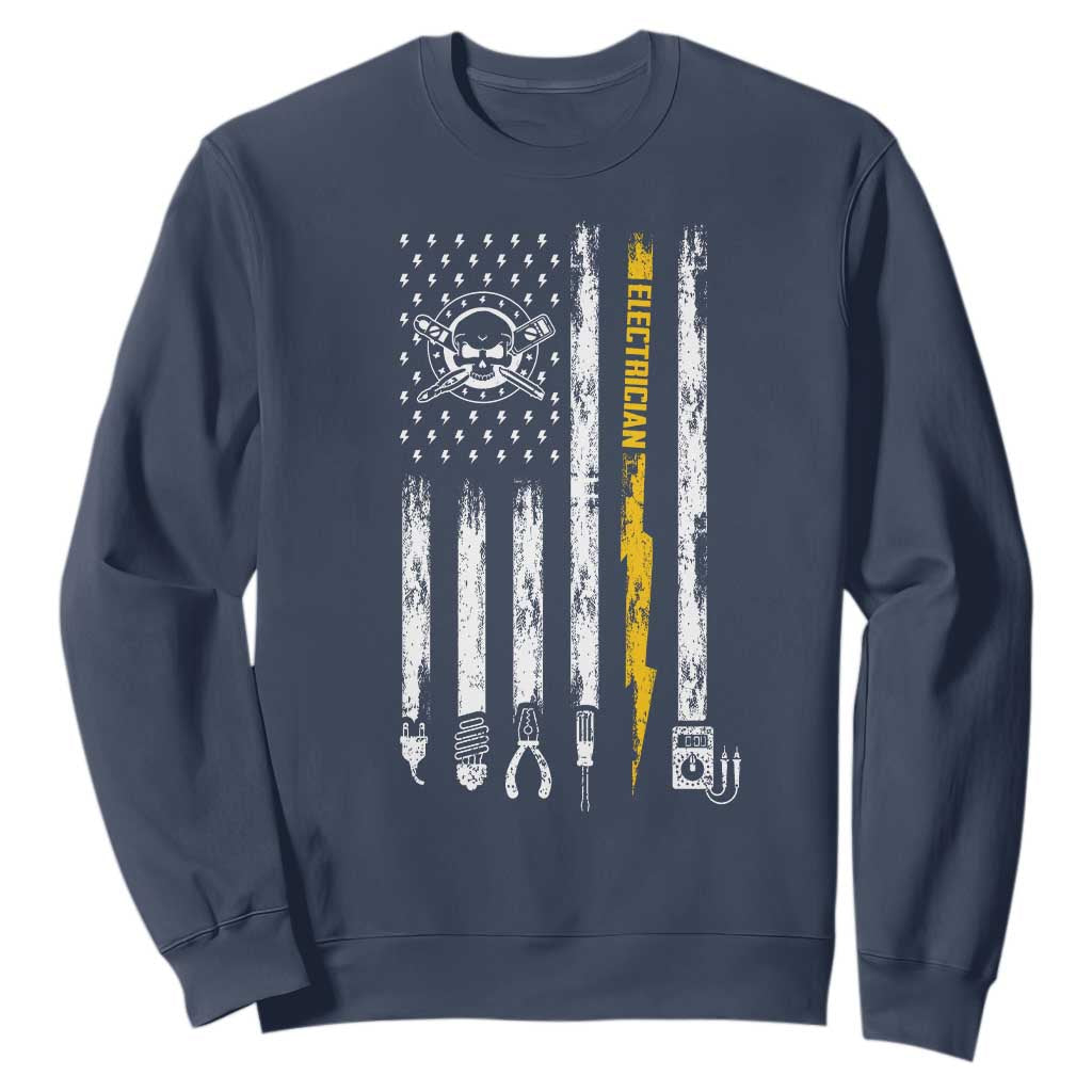 Electrician US Flag Sweatshirt Tools for Electricians Skull Lightning Graphic TS10 Navy Print Your Wear