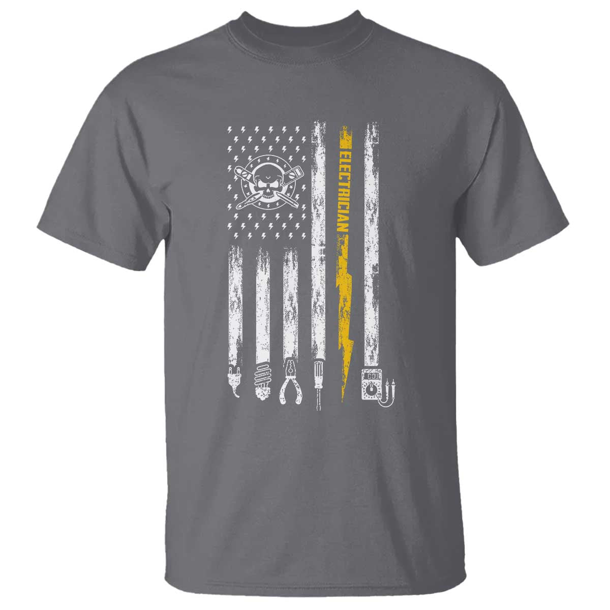 Electrician US Flag T Shirt Tools for Electricians Skull Lightning Graphic TS10 Charcoal Print Your Wear