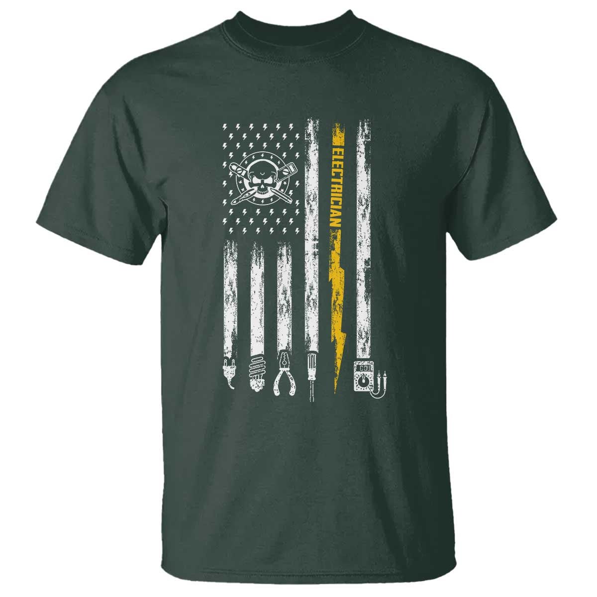 Electrician US Flag T Shirt Tools for Electricians Skull Lightning Graphic TS10 Dark Forest Green Print Your Wear