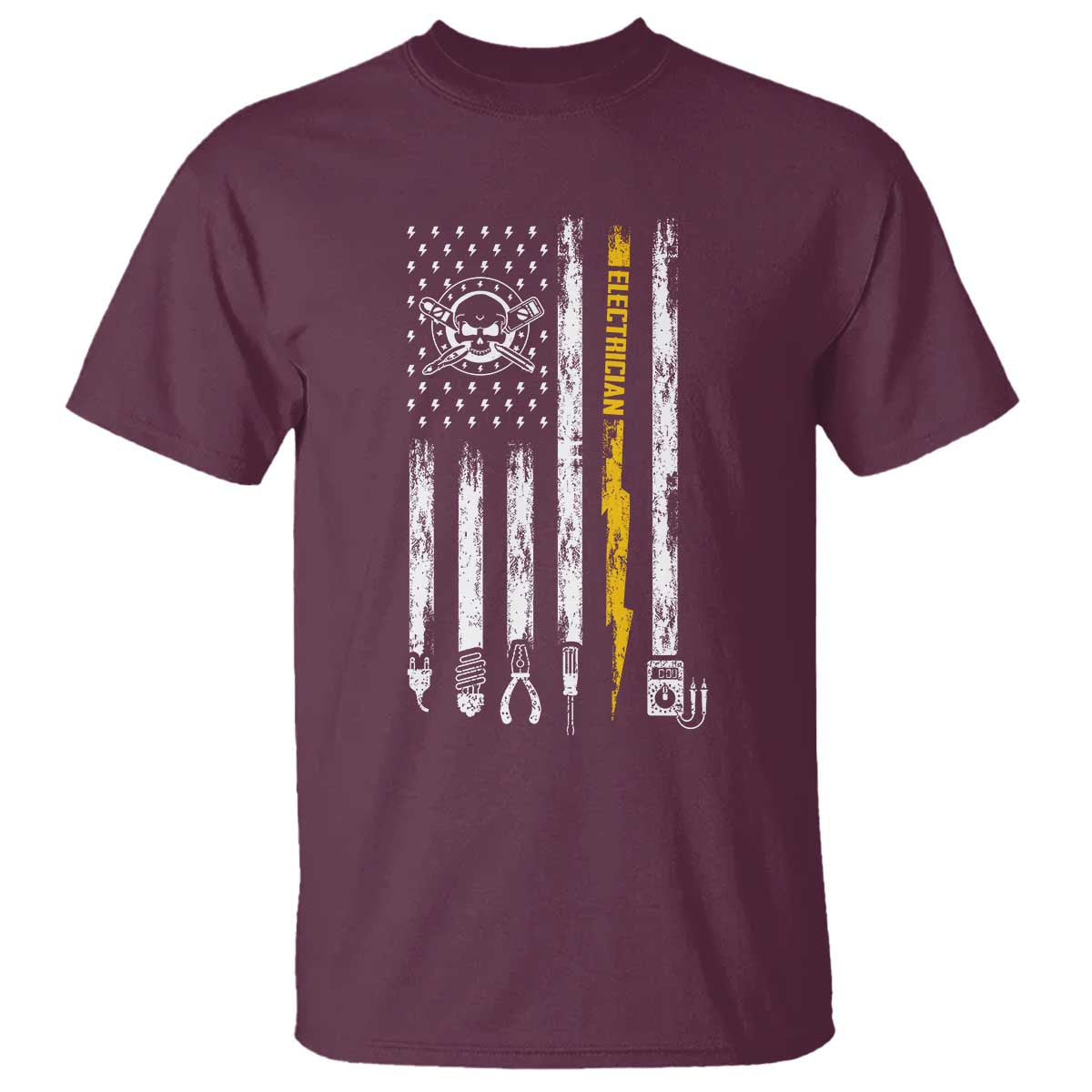 Electrician US Flag T Shirt Tools for Electricians Skull Lightning Graphic TS10 Maroon Print Your Wear