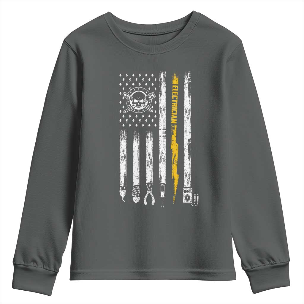Electrician US Flag Youth Sweatshirt Tools for Electricians Skull Lightning Graphic TS10 Dark Heather Print Your Wear