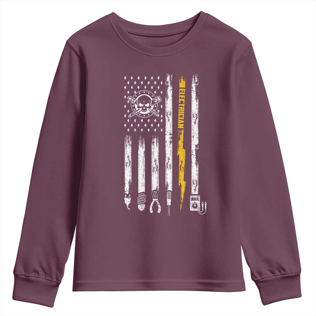 Electrician US Flag Youth Sweatshirt Tools for Electricians Skull Lightning Graphic TS10 Maroon Print Your Wear