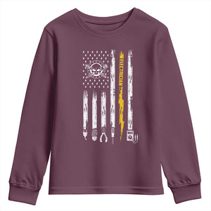 Electrician US Flag Youth Sweatshirt Tools for Electricians Skull Lightning Graphic TS10 Maroon Print Your Wear