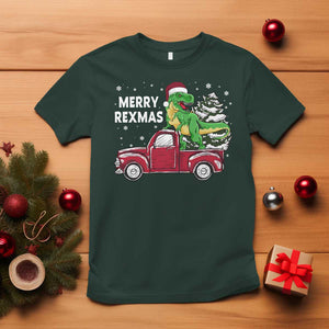 Dinosaur Christmas Tree T Shirt Merry Rexmas Xmas Pet Dino Trex Red Truck Family TS10 Dark Forest Green Print Your Wear